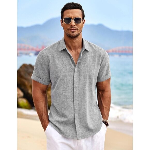 Men Gray Linen Short Sleeve Casual Shirts Button Down Shirt Beach Summer Shirt - Picture 3 of 6